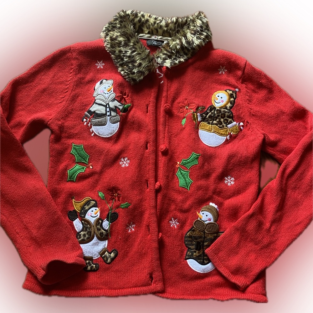 Christmas Holiday Red Women's sweater with Snowman Appliqué